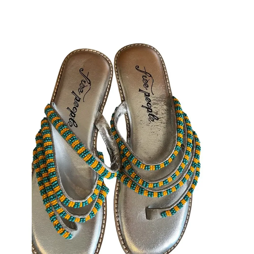 Free People Beatrice Beaded Flat Sandals Turquoise Silver